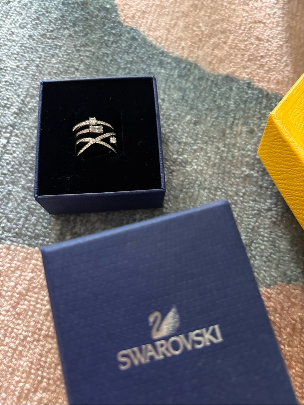Swarovski Hyperbola Wrap Ring: Mixed Cuts Rhodium Plated Statement Ring with Box